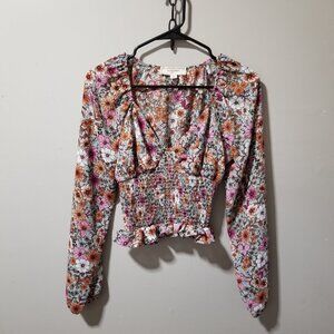 Floral V Neck Crop Top Smocked Front Medium